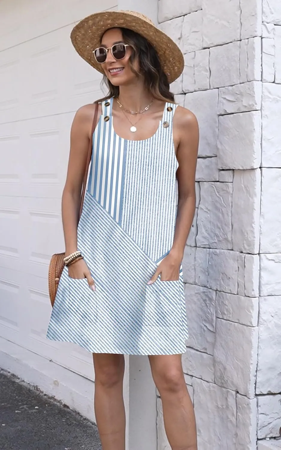 ETCYY NEW Womens Sleeveless Summer Dresses 2025 Cusual U Neck Sundresses Striped Printed Short Dress with Pocket