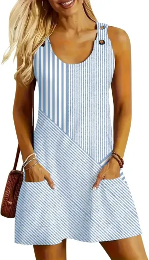 ETCYY NEW Womens Sleeveless Summer Dresses 2025 Cusual U Neck Sundresses Striped Printed Short Dress with Pocket