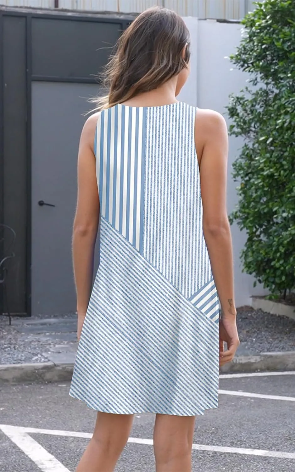 ETCYY NEW Womens Sleeveless Summer Dresses 2025 Cusual U Neck Sundresses Striped Printed Short Dress with Pocket
