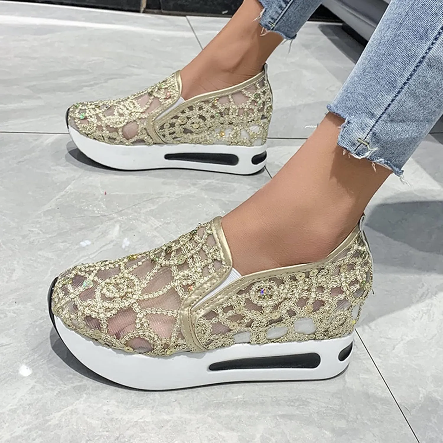 Fashion Sneakers for Women 2023 Floral Embroidery Breathable Sheer Mesh Sneakers Slip On Sneakers Sparkly Sneakers Platform Wedge Shoes Dressy Casual Sneakers Walking Sneakers (D-Gold, 8)