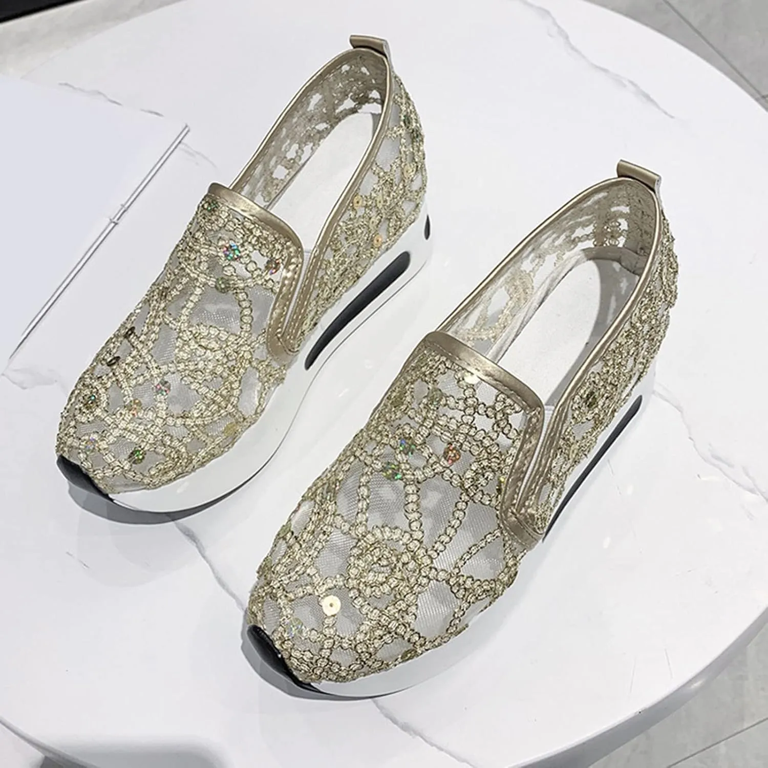 Fashion Sneakers for Women 2023 Floral Embroidery Breathable Sheer Mesh Sneakers Slip On Sneakers Sparkly Sneakers Platform Wedge Shoes Dressy Casual Sneakers Walking Sneakers (D-Gold, 8)