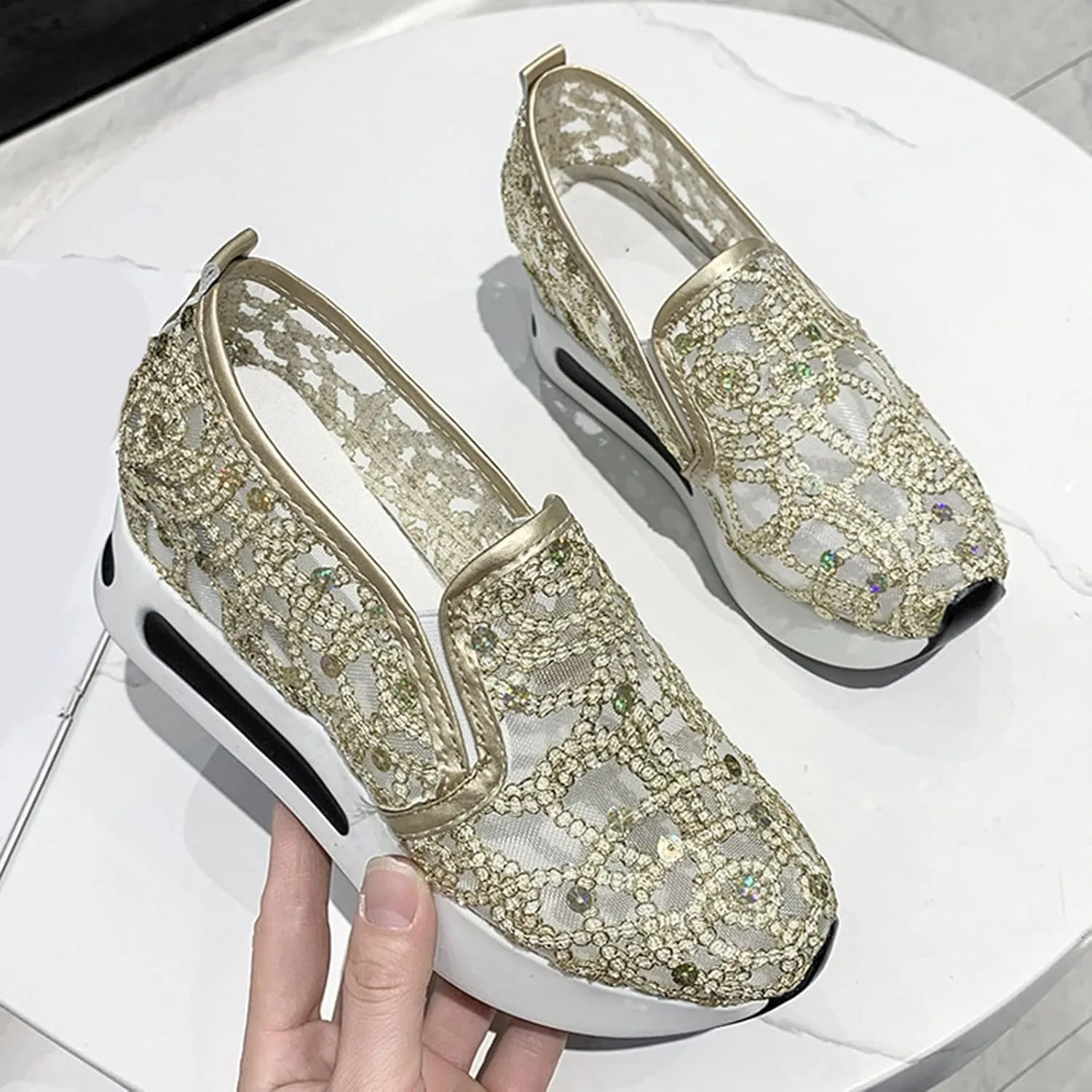 Fashion Sneakers for Women 2023 Floral Embroidery Breathable Sheer Mesh Sneakers Slip On Sneakers Sparkly Sneakers Platform Wedge Shoes Dressy Casual Sneakers Walking Sneakers (D-Gold, 8)