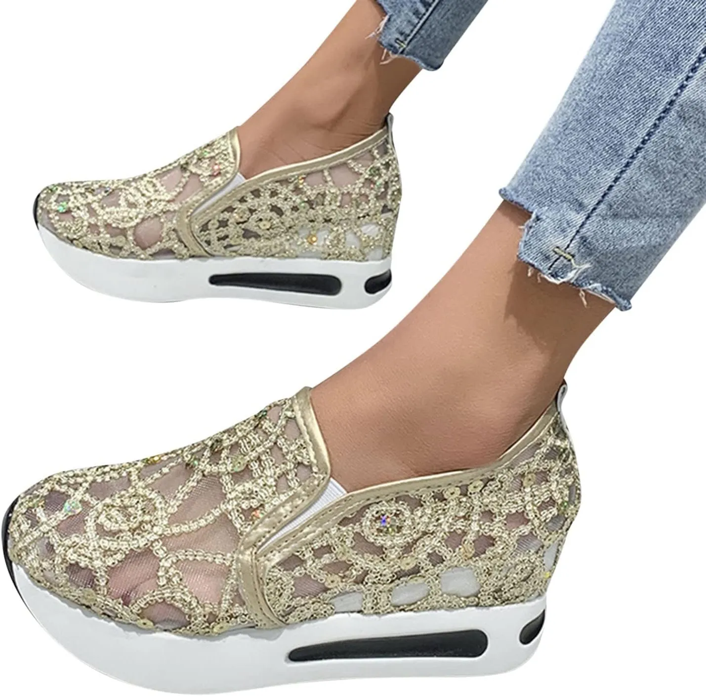 Fashion Sneakers for Women 2023 Floral Embroidery Breathable Sheer Mesh Sneakers Slip On Sneakers Sparkly Sneakers Platform Wedge Shoes Dressy Casual Sneakers Walking Sneakers (D-Gold, 8)