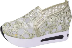 Fashion Sneakers for Women 2023 Floral Embroidery Breathable Sheer Mesh Sneakers Slip On Sneakers Sparkly Sneakers Platform Wedge Shoes Dressy Casual Sneakers Walking Sneakers (D-Gold, 8)