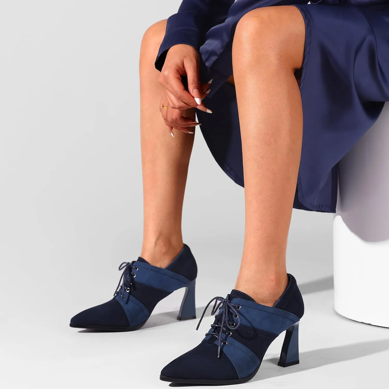 Faux Suede Ankle Boots for Women Chunky Lace up Pointed Toe Extra Wide Booties Botas Para Mujer High Heels Dress Warm Lined Classic Ladies Comfortable Dressy 3 Inch Boot