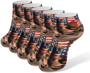 Flag with Cowboy Boots Ankle Socks for Men & Women, 5 Pairs Breathable Soft Low Cut Socks, Stretch Sweat Wicking Sox