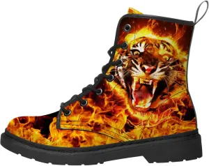 Flaming Tiger Tattoo Print Boots for Men Boy,Custom Fashion Design Tiger Face Combat Work Boots Shoes Gifts for Birthday,US Size 3.5 Men/5 Women