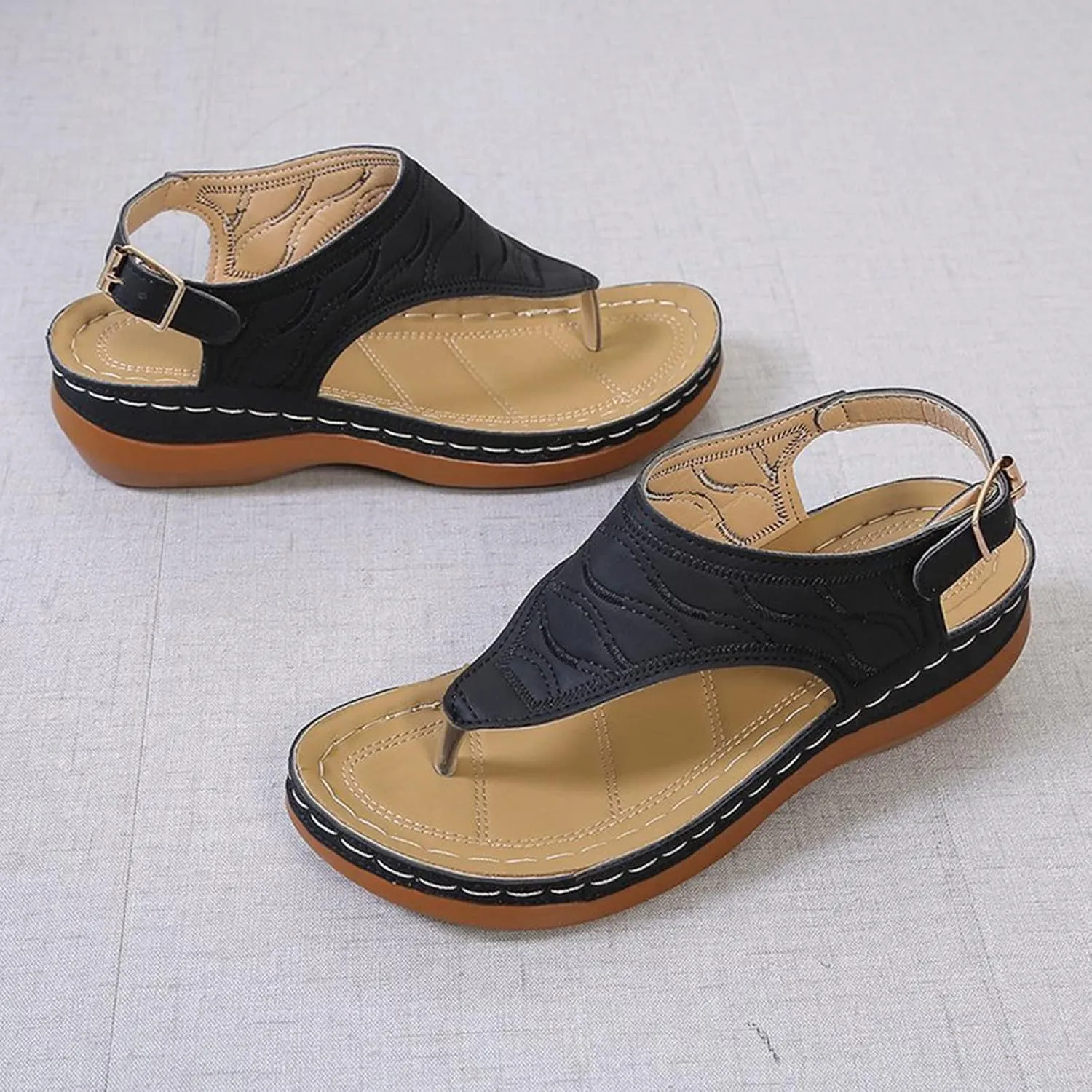 Flat Sandals for Women Comfort Thong Style Flip Flops with Buckle Ankle Strap Summer Clip Toe Sandals with Arch Support Outdoor Beach Shoes,Black,US8/EU39