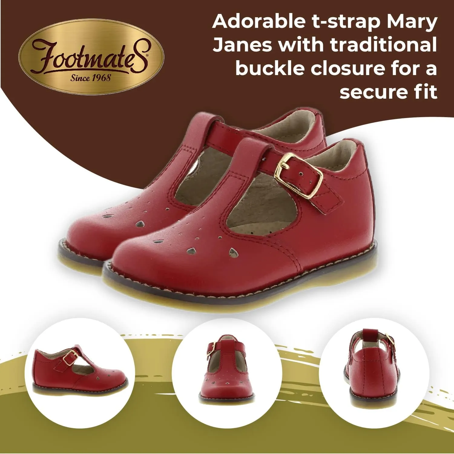 FOOTMATES Harper Mary Jane T-Strap Girls Flat Leather Walking Shoes with Custom-Fit Insoles, Slip-Resistant Non-Marking Outsoles - for Toddlers and Little Kids, Ages 1-8