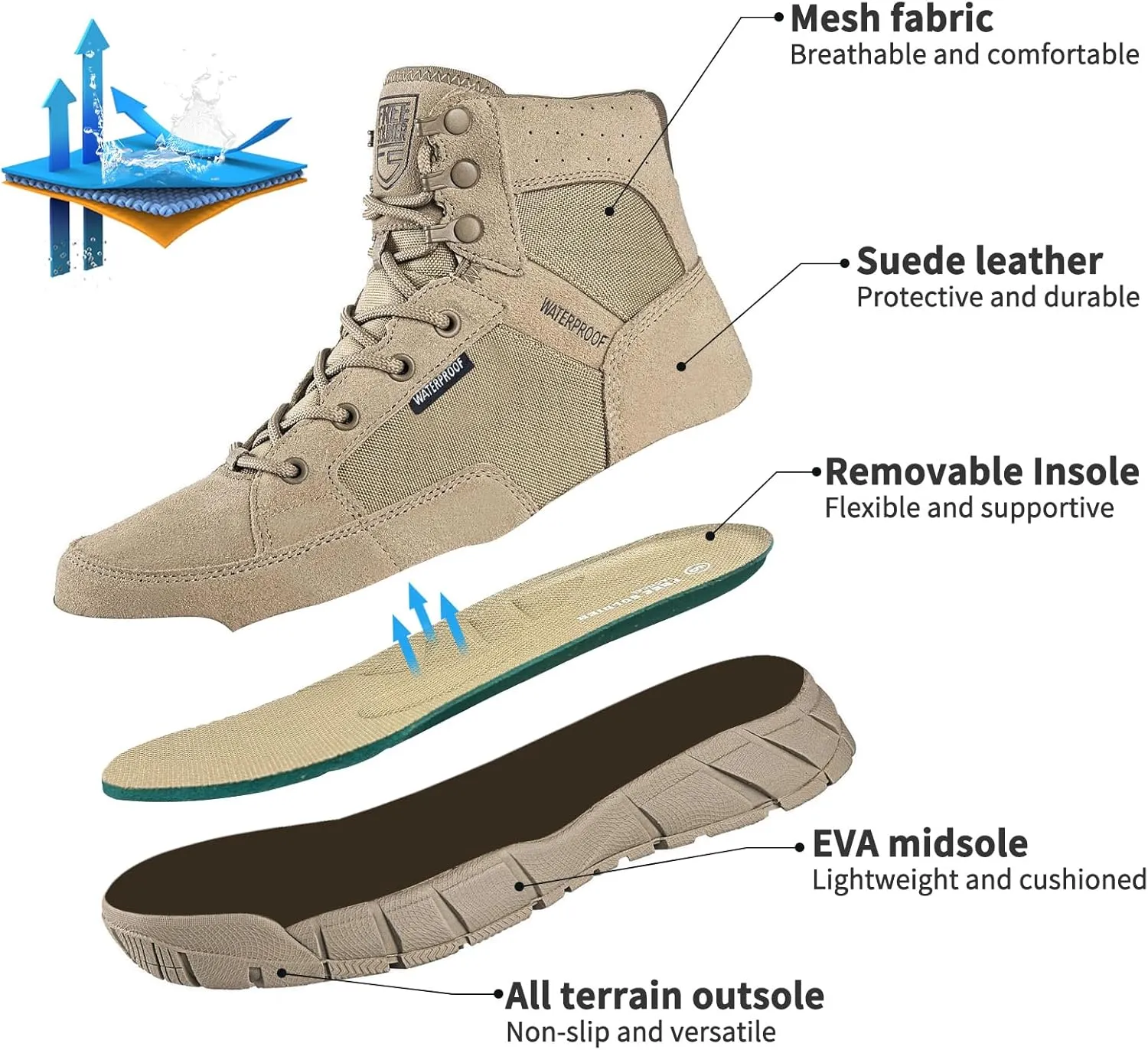 FREE SOLDIER Hiking Work Boots Men's Tactical Boots 6 Inches Waterproof Military Boots Outdoors Desert Boots