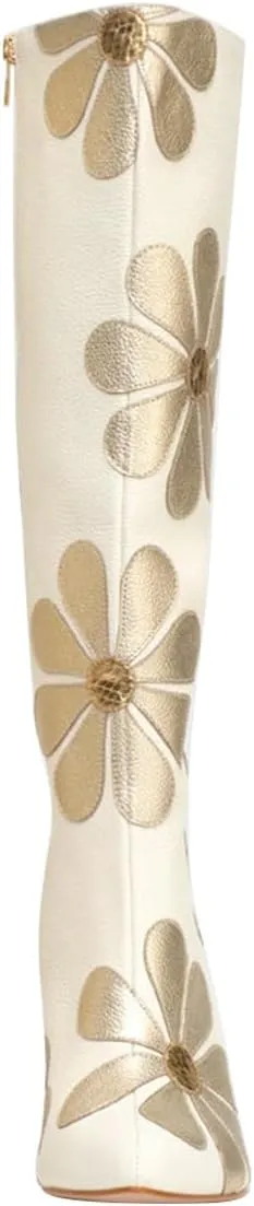 FSJ Women Bridal Knee High Boots Pointed Toe Chunky High Heel Side Zipper Cute Daisy Flowers Heeled Tall Boot Versatile Date Shoes Size 4-16 US