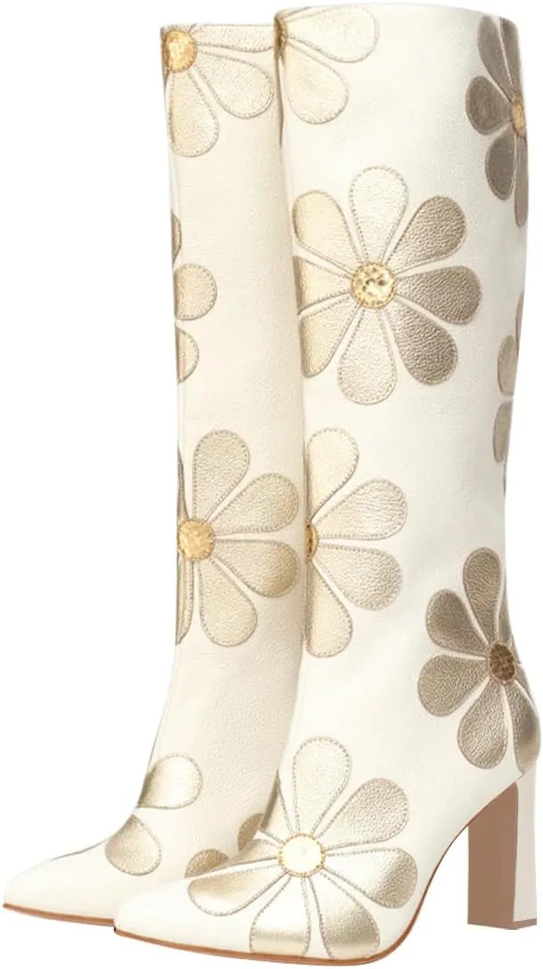 FSJ Women Bridal Knee High Boots Pointed Toe Chunky High Heel Side Zipper Cute Daisy Flowers Heeled Tall Boot Versatile Date Shoes Size 4-16 US