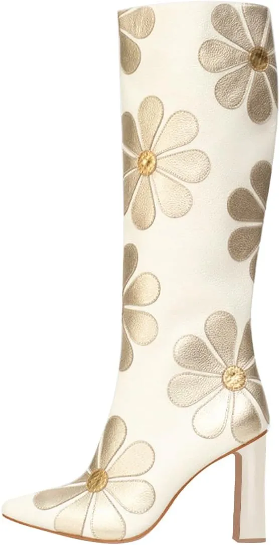 FSJ Women Bridal Knee High Boots Pointed Toe Chunky High Heel Side Zipper Cute Daisy Flowers Heeled Tall Boot Versatile Date Shoes Size 4-16 US