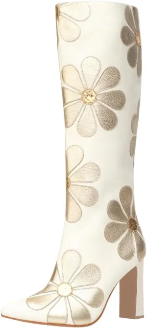 FSJ Women Bridal Knee High Boots Pointed Toe Chunky High Heel Side Zipper Cute Daisy Flowers Heeled Tall Boot Versatile Date Shoes Size 4-16 US
