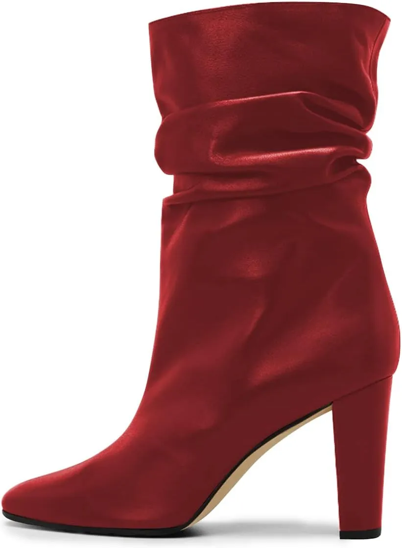 FSJ Women Slouchy Mid Calf Boots Pointed Toe Chunky High Heel Classic Ankle Bootie Stretchy Leather Slip On Winter Wide Riding Boots Size 4-15 US