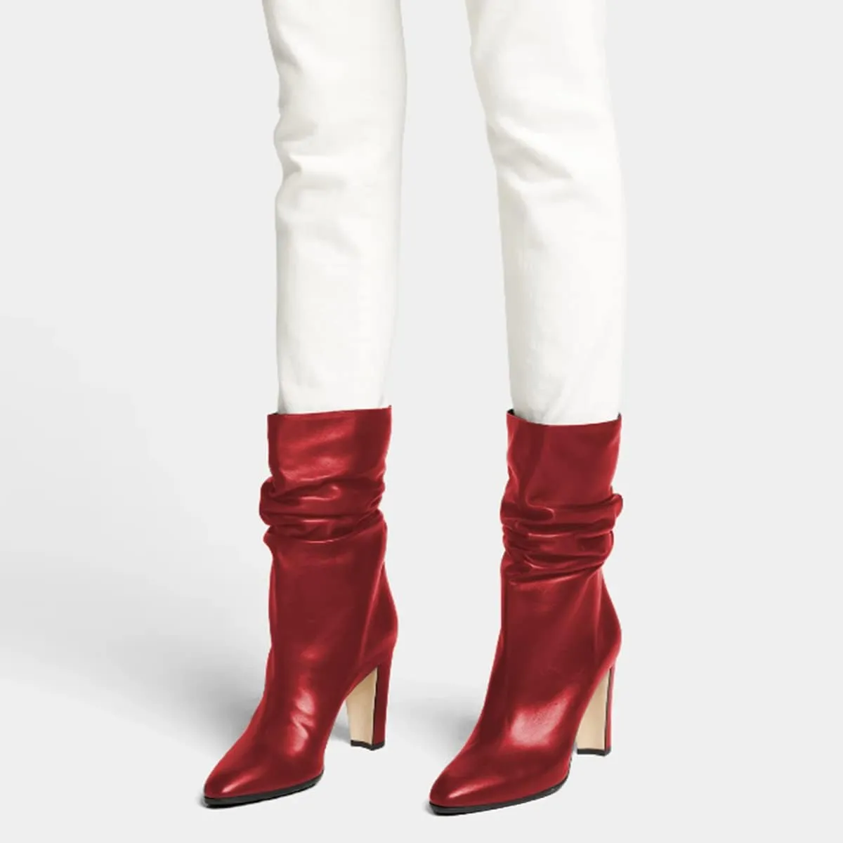 FSJ Women Slouchy Mid Calf Boots Pointed Toe Chunky High Heel Classic Ankle Bootie Stretchy Leather Slip On Winter Wide Riding Boots Size 4-15 US