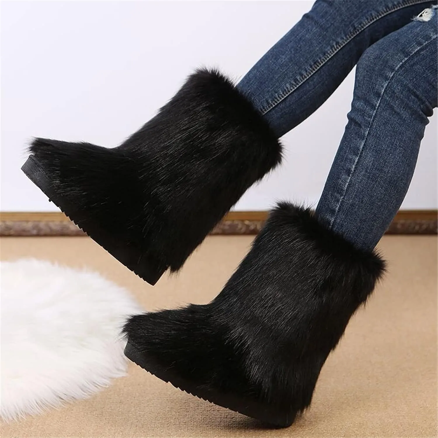 FUNCOS Women's Faux Fur Boots Mid-Calf Fuzzy Fluffy Winter Boots Rave Carnival Costume