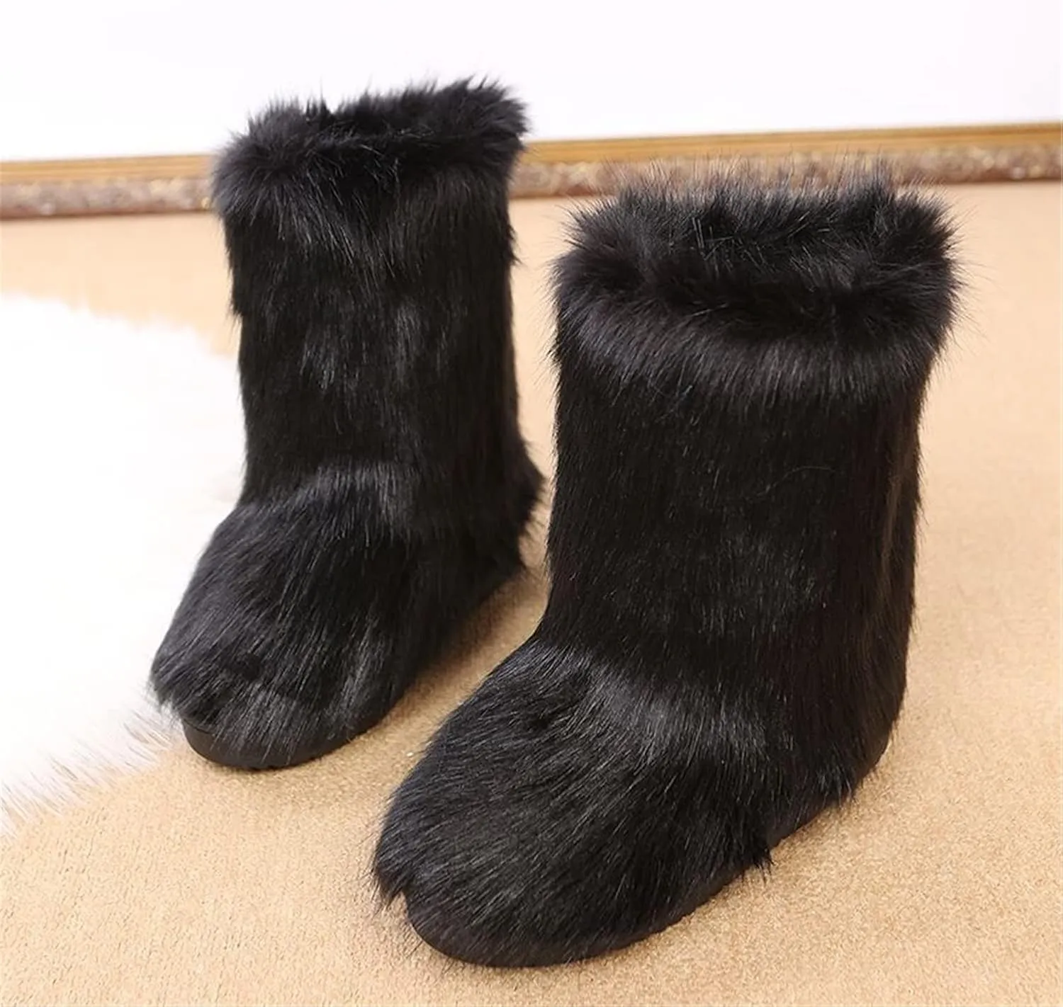 FUNCOS Women's Faux Fur Boots Mid-Calf Fuzzy Fluffy Winter Boots Rave Carnival Costume