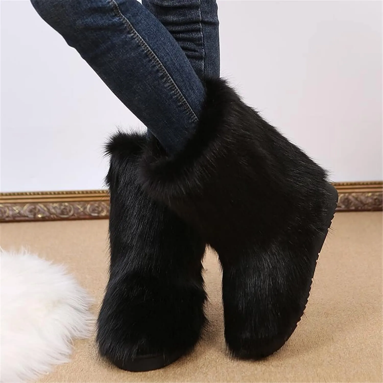 FUNCOS Women's Faux Fur Boots Mid-Calf Fuzzy Fluffy Winter Boots Rave Carnival Costume