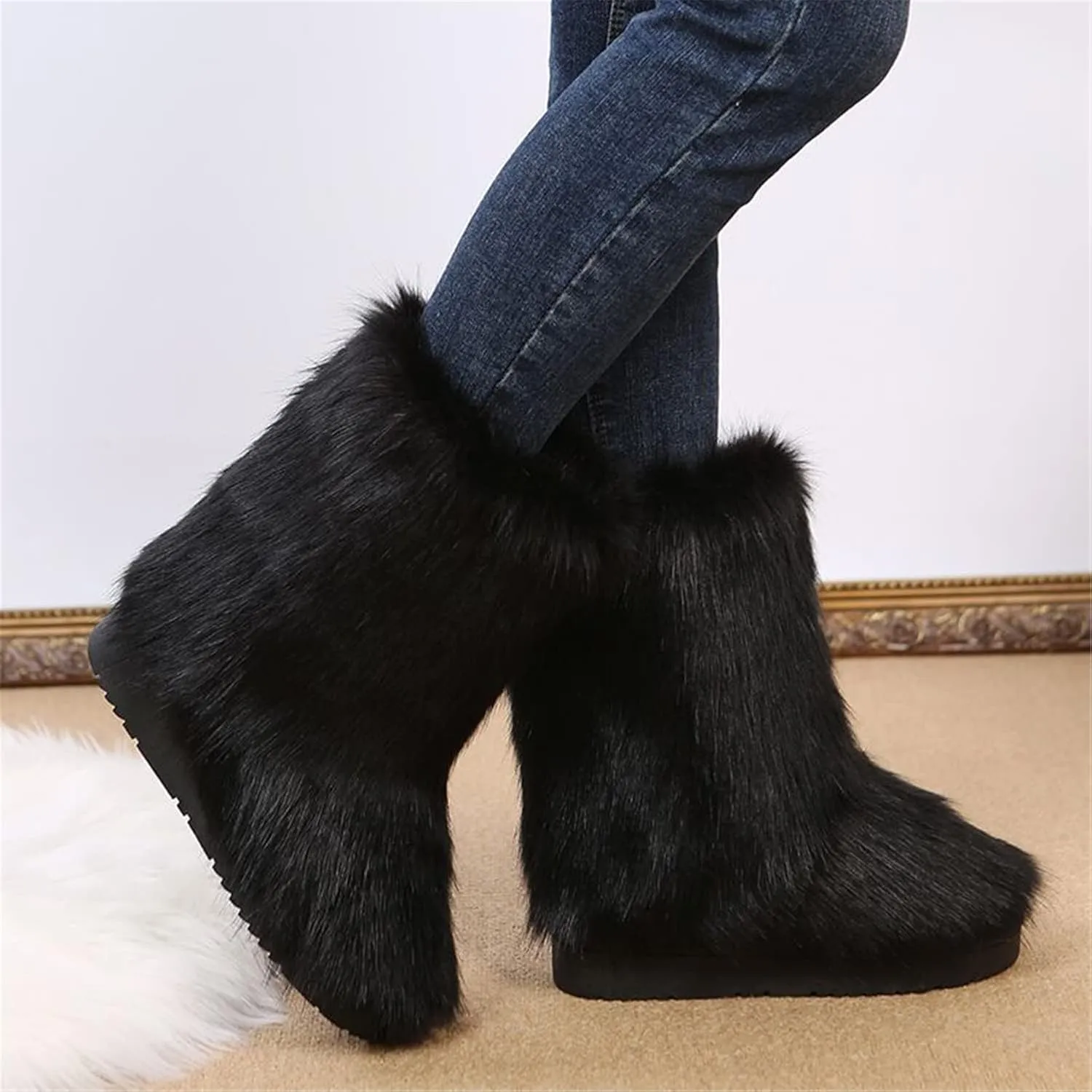 FUNCOS Women's Faux Fur Boots Mid-Calf Fuzzy Fluffy Winter Boots Rave Carnival Costume