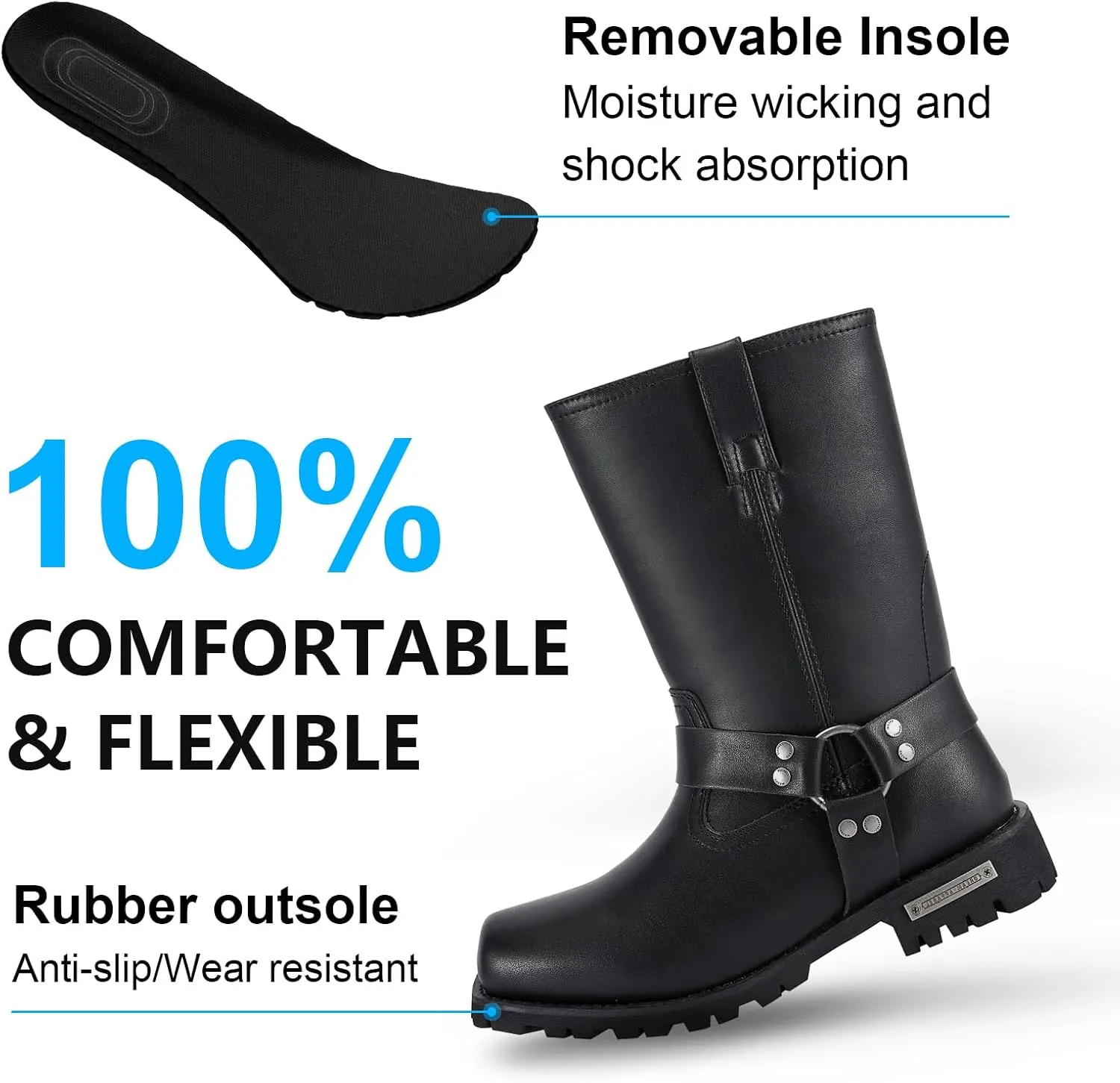 GARGOYLE BELLS Mens Harness Straps Motorcycle Leather Boots Black Waterproof Biker Boots For Men- Low Heel Riding Boots
