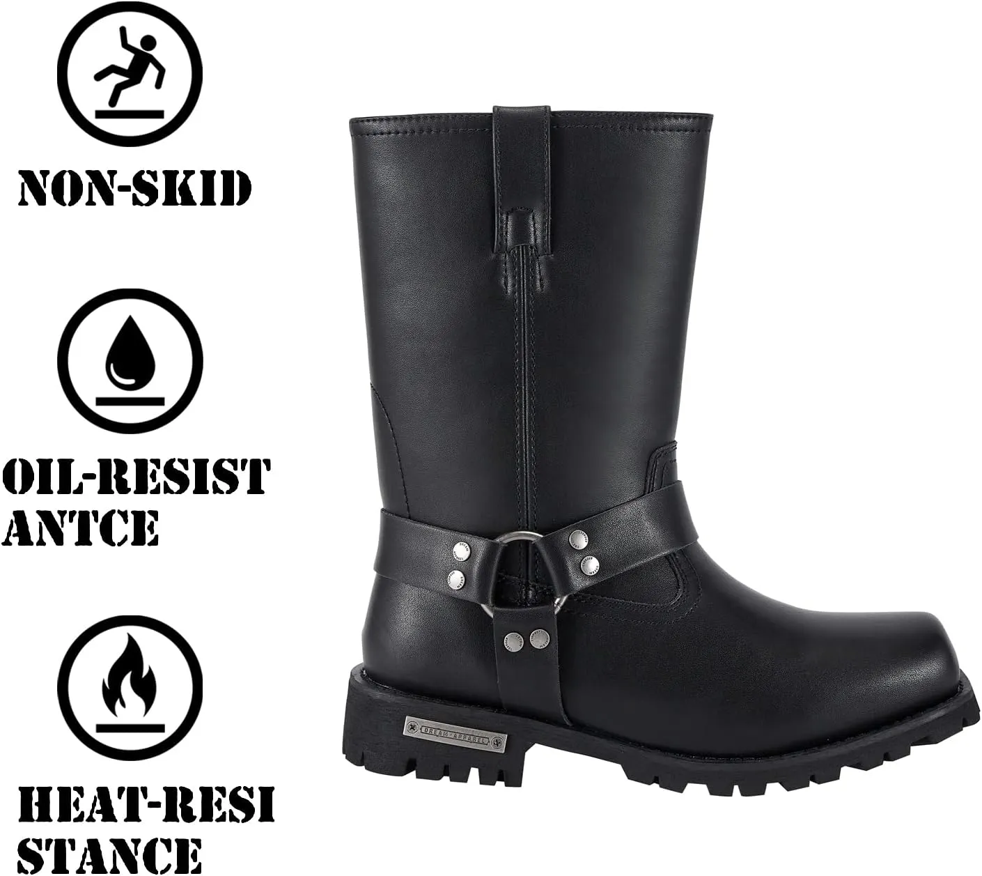 GARGOYLE BELLS Mens Harness Straps Motorcycle Leather Boots Black Waterproof Biker Boots For Men- Low Heel Riding Boots
