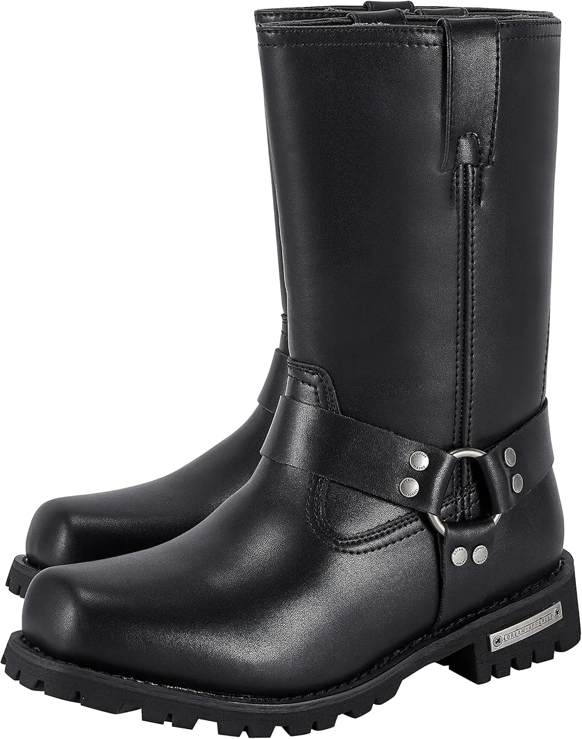 GARGOYLE BELLS Mens Harness Straps Motorcycle Leather Boots Black Waterproof Biker Boots For Men- Low Heel Riding Boots
