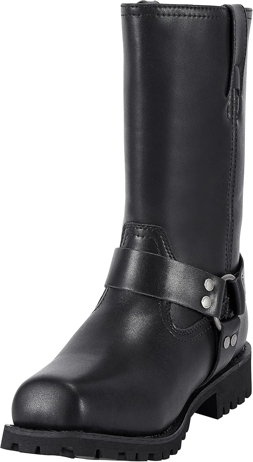 GARGOYLE BELLS Mens Harness Straps Motorcycle Leather Boots Black Waterproof Biker Boots For Men- Low Heel Riding Boots