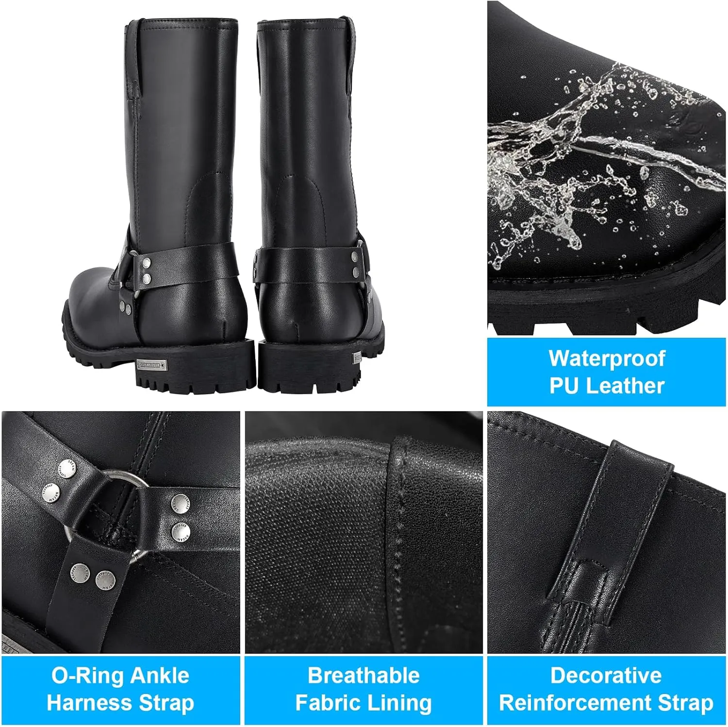 GARGOYLE BELLS Mens Harness Straps Motorcycle Leather Boots Black Waterproof Biker Boots For Men- Low Heel Riding Boots