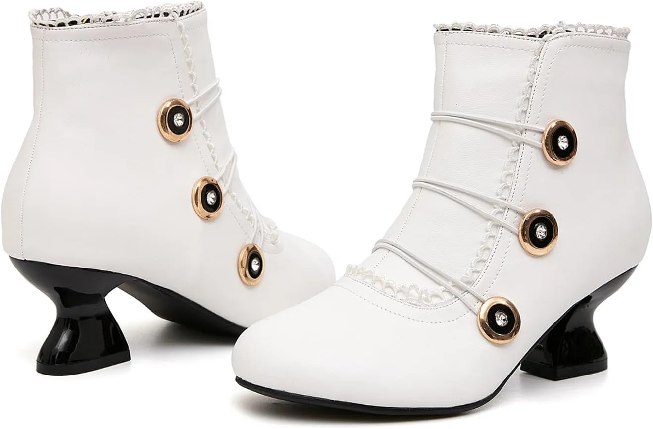 getmorebeauty Women's Ankle Boots Low Heels Lace Buttons Round Toe Side Zipper Vintage Short Boots Autumn Winter
