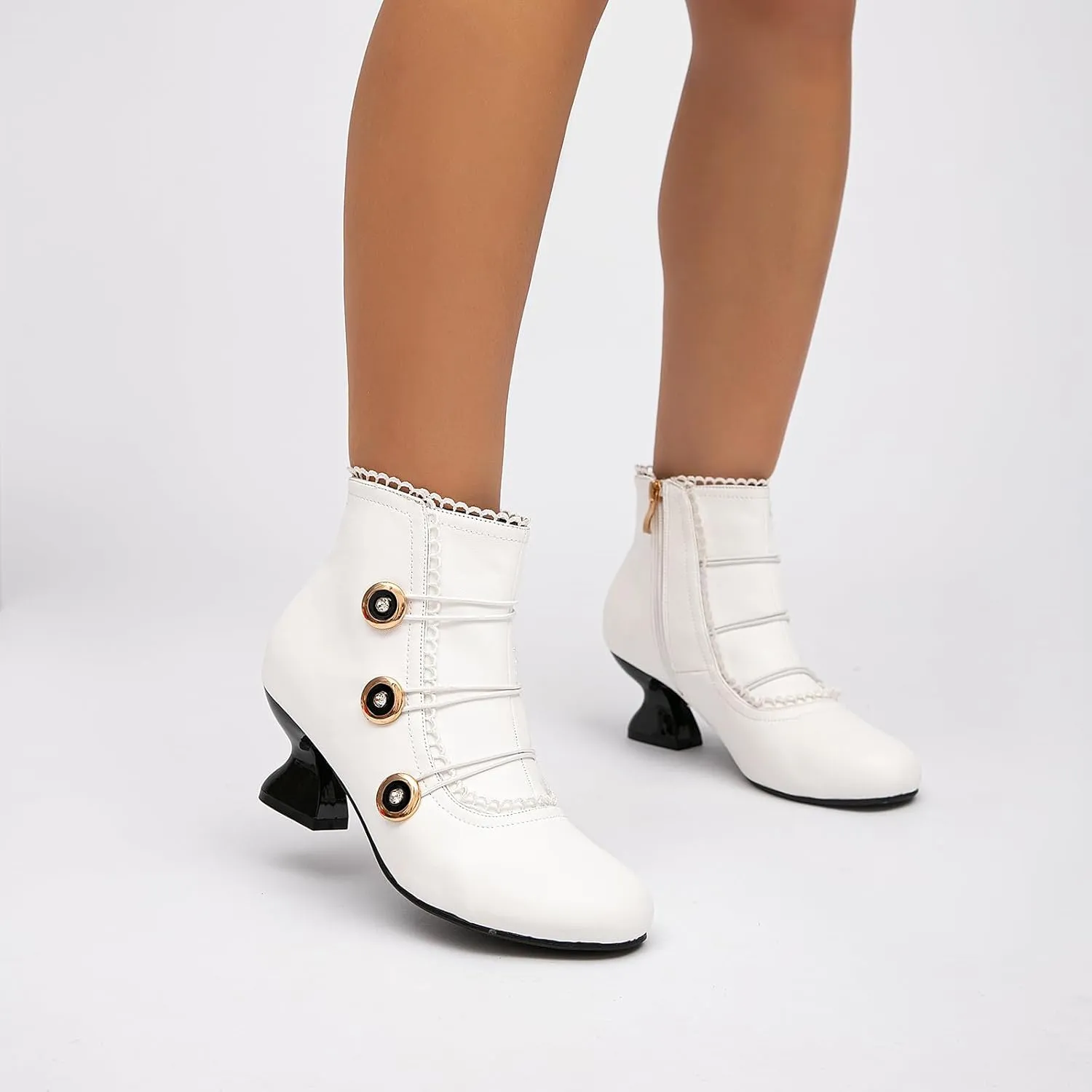 getmorebeauty Women's Ankle Boots Low Heels Lace Buttons Round Toe Side Zipper Vintage Short Boots Autumn Winter