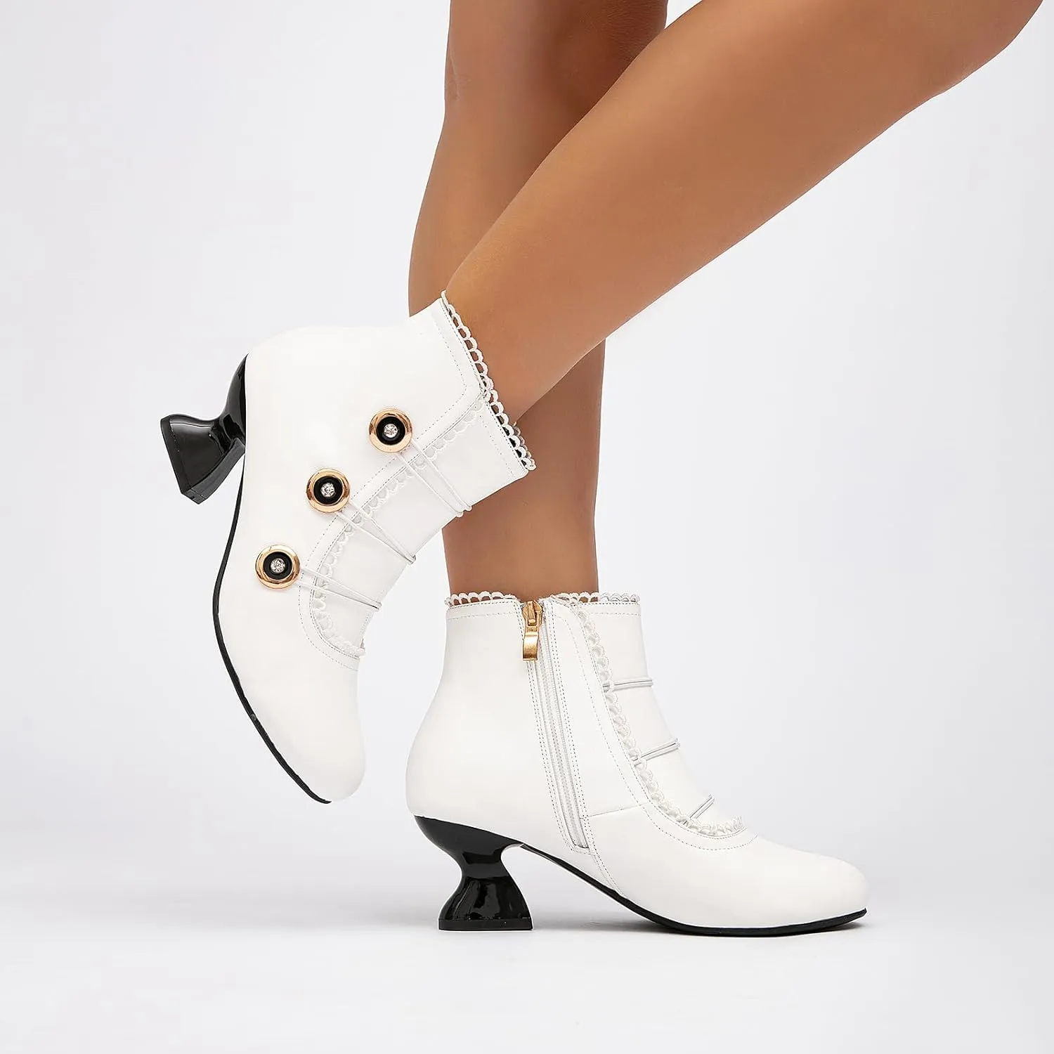 getmorebeauty Women's Ankle Boots Low Heels Lace Buttons Round Toe Side Zipper Vintage Short Boots Autumn Winter