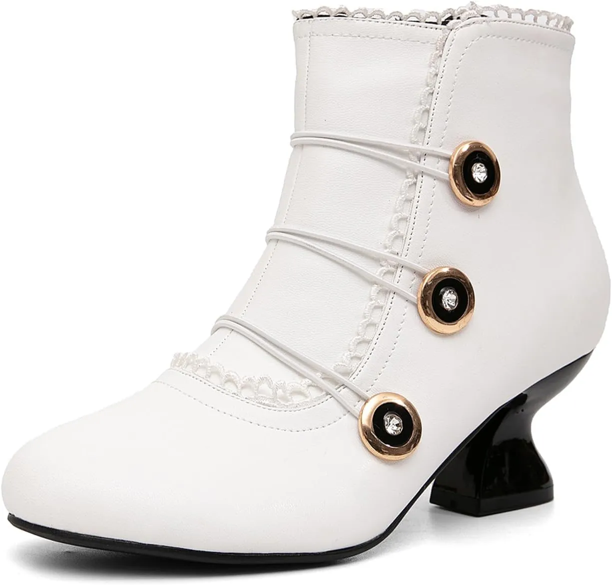 getmorebeauty Women's Ankle Boots Low Heels Lace Buttons Round Toe Side Zipper Vintage Short Boots Autumn Winter