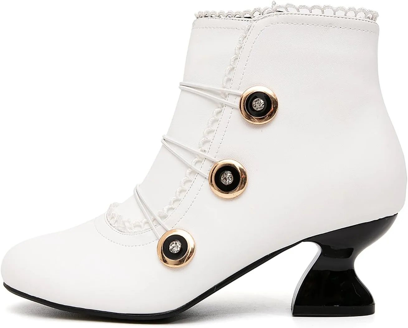 getmorebeauty Women's Ankle Boots Low Heels Lace Buttons Round Toe Side Zipper Vintage Short Boots Autumn Winter