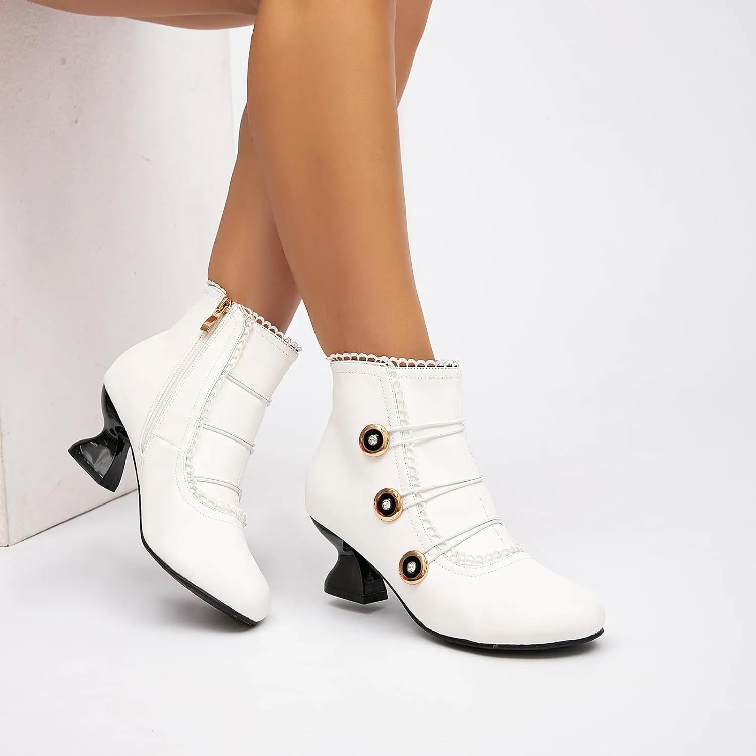 getmorebeauty Women's Ankle Boots Low Heels Lace Buttons Round Toe Side Zipper Vintage Short Boots Autumn Winter