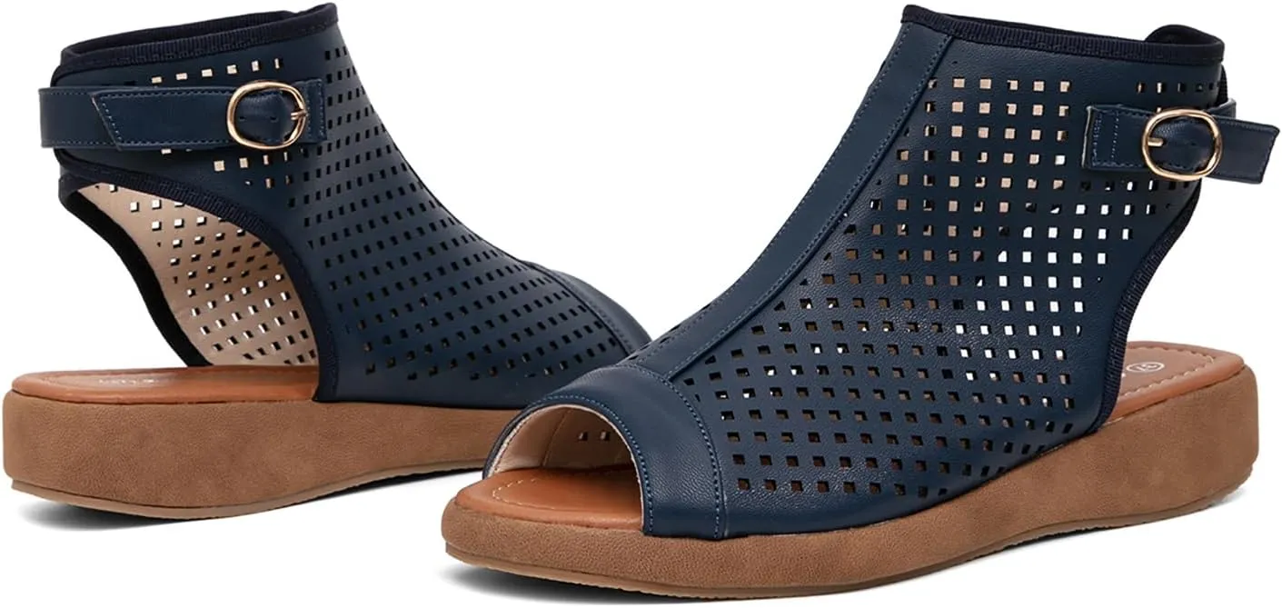 getmorebeauty Women's Platform Sandals Sling Wedge Sandals Hollow-Out Low Heel Open Toe Ankle Boots Cutout Shoes Slingback Sandals