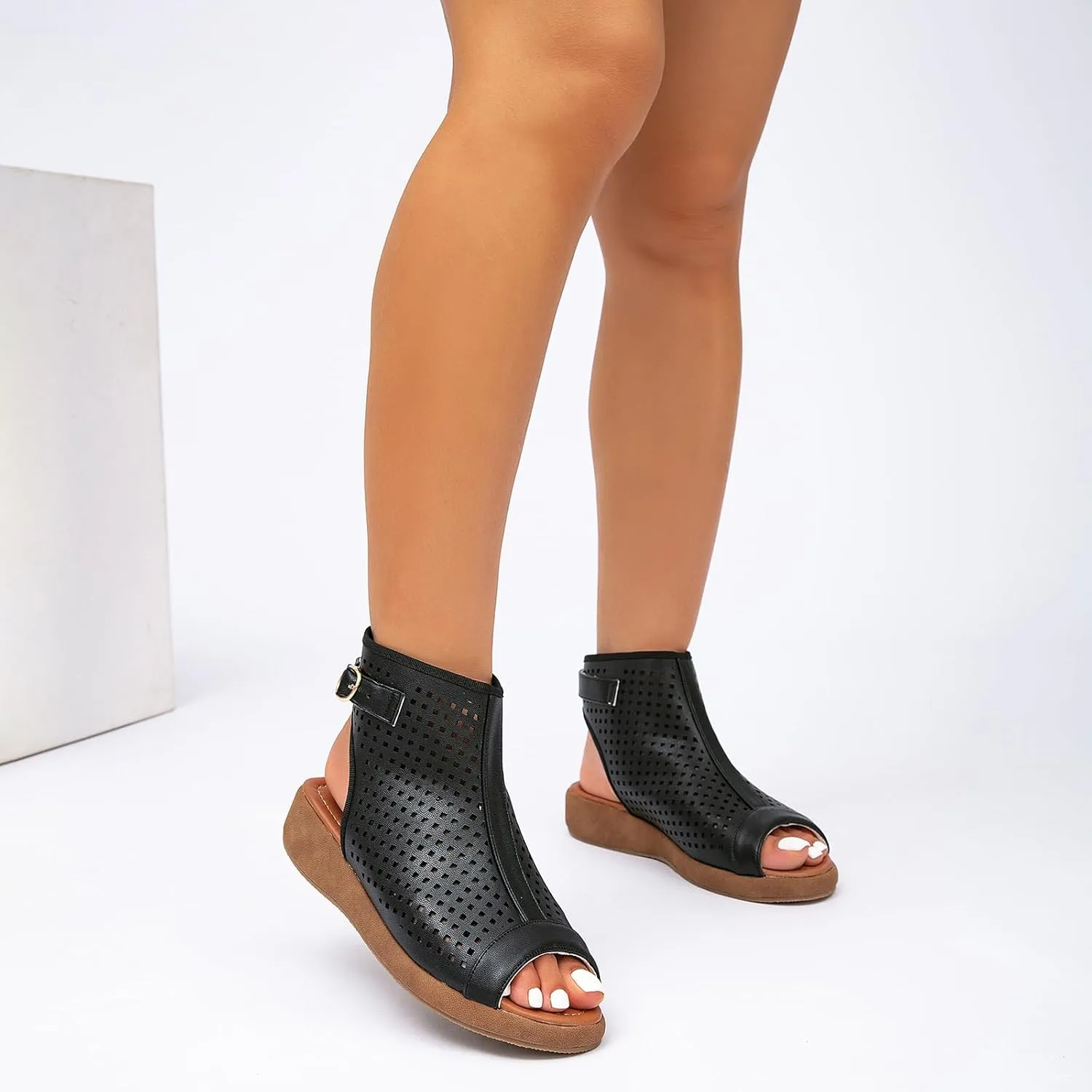 getmorebeauty Women's Platform Sandals Sling Wedge Sandals Hollow-Out Low Heel Open Toe Ankle Boots Cutout Shoes Slingback Sandals
