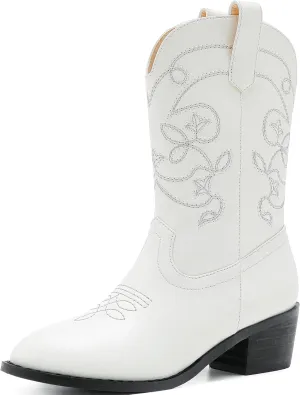 Girls Cowboy Boots Pull On Cowgirl Boots Pointed Toe Mid Calf Western Boots for Little Kid Big Kid
