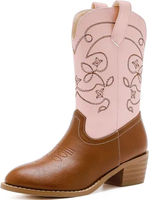 Girls Cowboy Boots Pull On Cowgirl Boots Pointed Toe Mid Calf Western Boots for Little Kid Big Kid