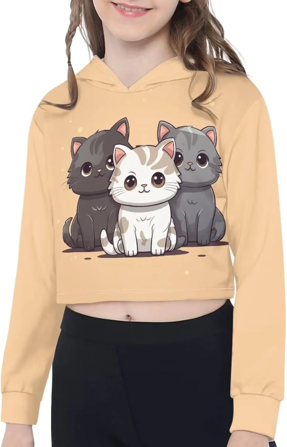Girls Crop Tops Hoodies Cute Cartoon Graphic Cropped Hooded Sweatshirt 5-14 Y