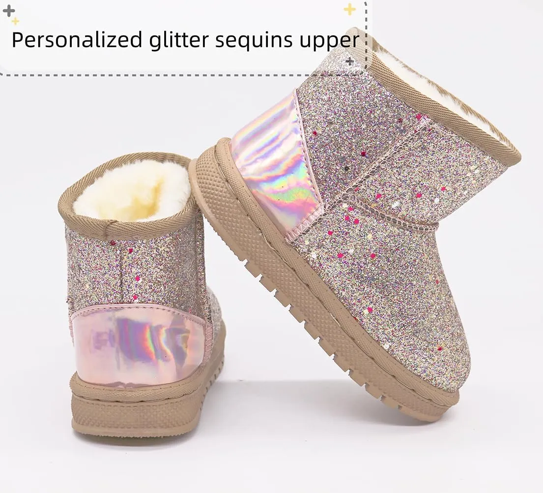 Girls Winter Boots Toddler Girl Boots Warm Sparkle Sequin Outdoor Non-Slip Snow Boot for Little kids