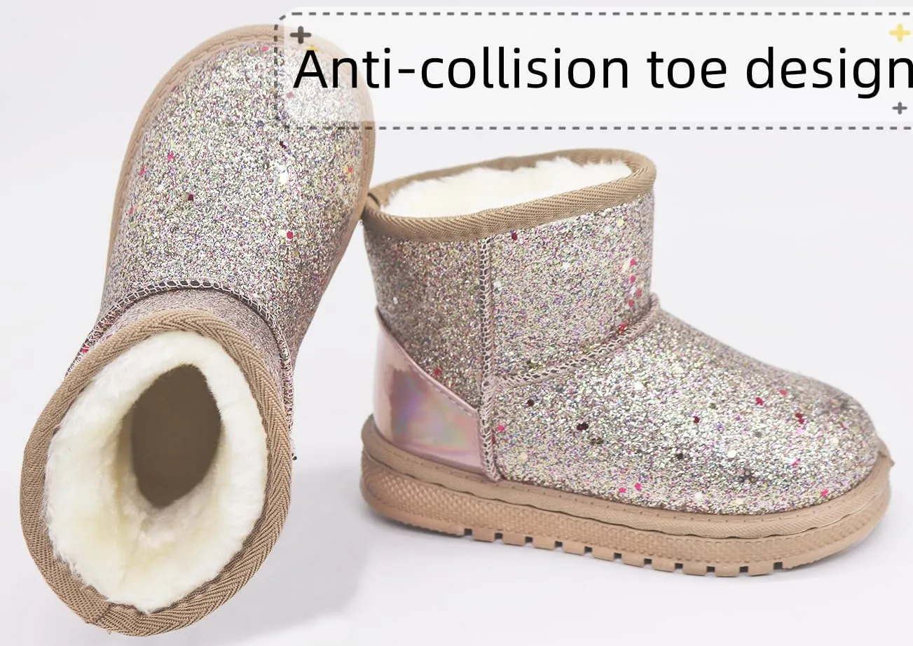 Girls Winter Boots Toddler Girl Boots Warm Sparkle Sequin Outdoor Non-Slip Snow Boot for Little kids
