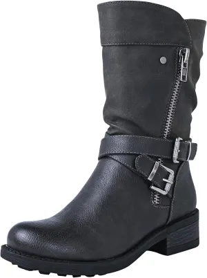 GLOBALWIN Women's Fall Fashion Biker Boots Mid Calf Boots For Women Low Heel