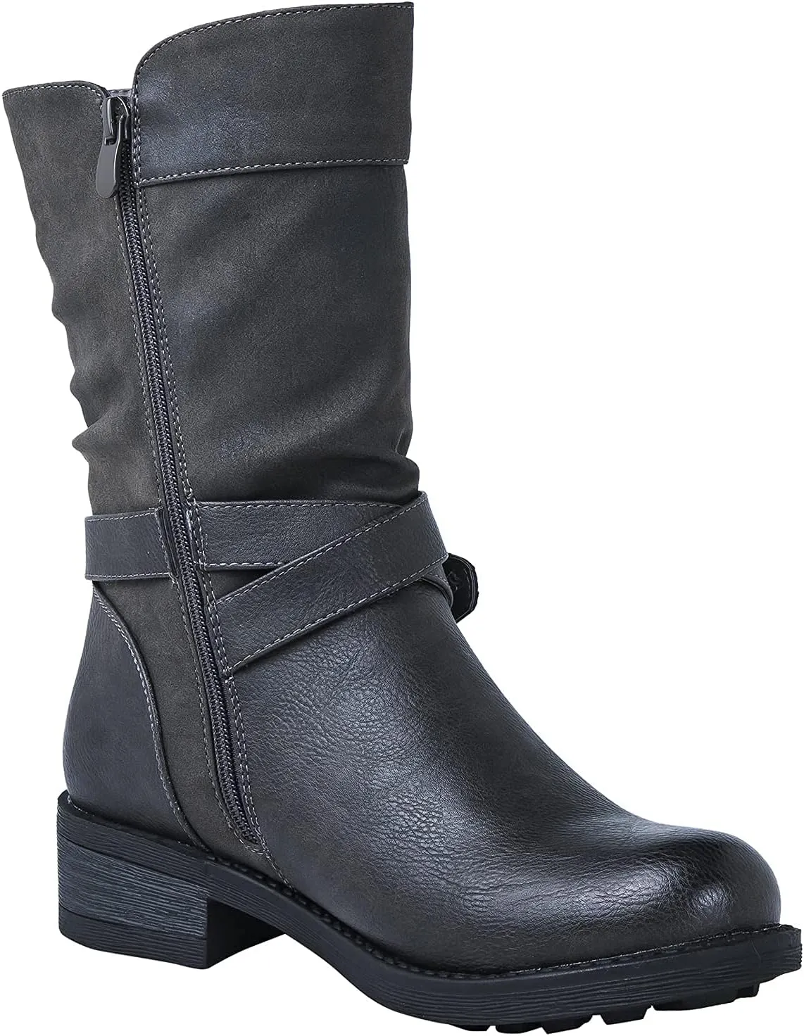 GLOBALWIN Women's Fall Fashion Biker Boots Mid Calf Boots For Women Low Heel