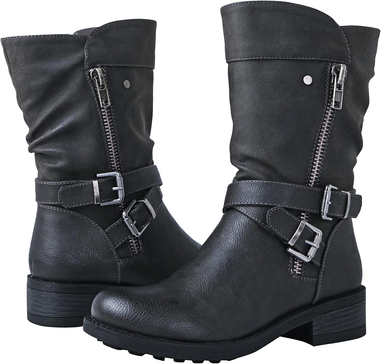 GLOBALWIN Women's Fall Fashion Biker Boots Mid Calf Boots For Women Low Heel