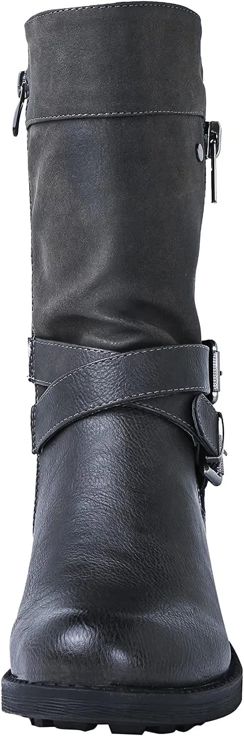 GLOBALWIN Women's Fall Fashion Biker Boots Mid Calf Boots For Women Low Heel