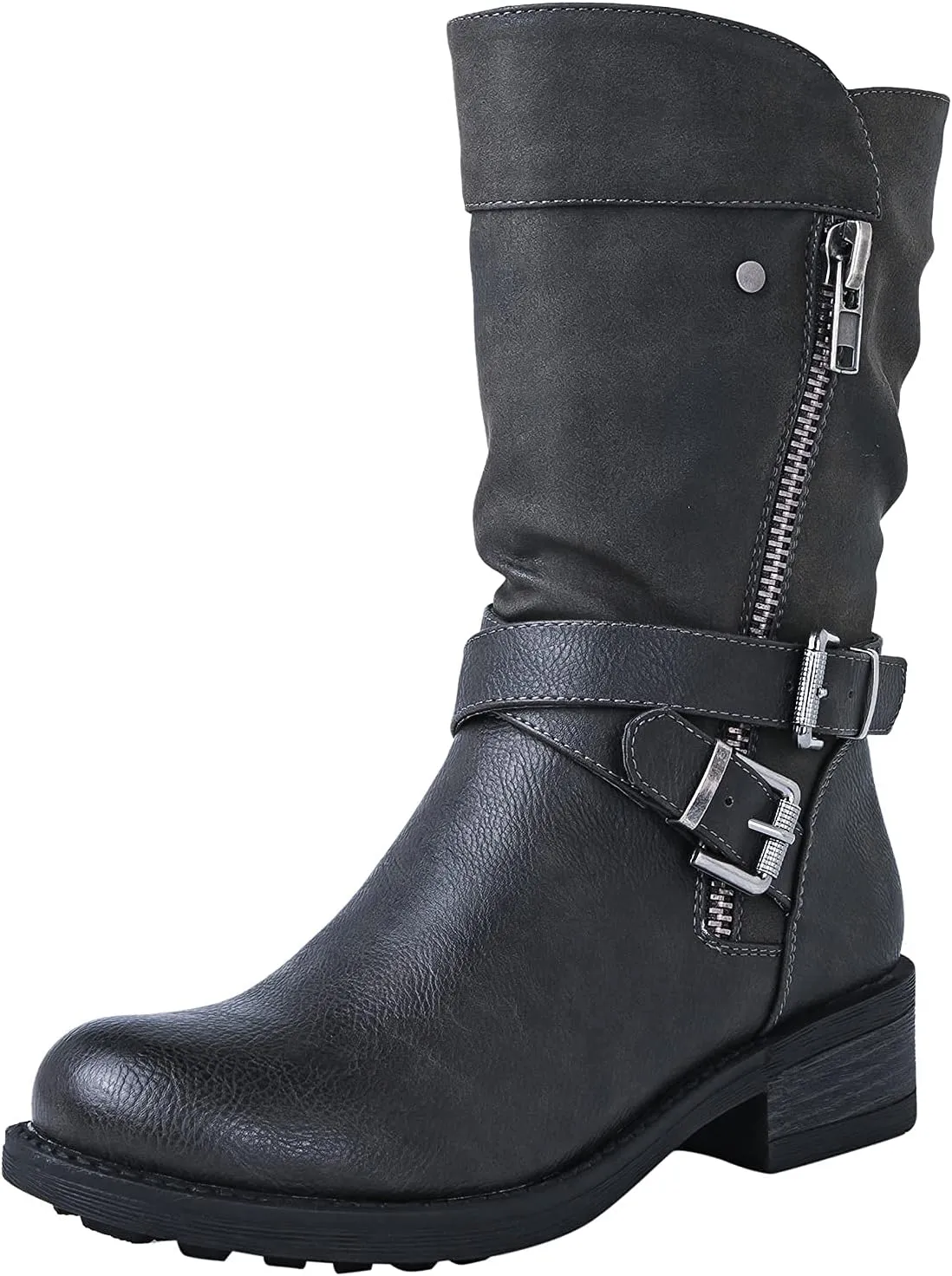 GLOBALWIN Women's Fall Fashion Biker Boots Mid Calf Boots For Women Low Heel