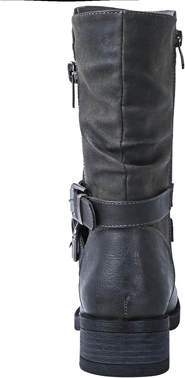 GLOBALWIN Women's Fall Fashion Biker Boots Mid Calf Boots For Women Low Heel