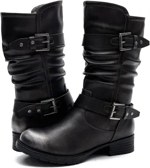 GLOBALWIN Women's Mid Calf Comfortable Fashion Dress Boots For Women Low Heel With Zipper