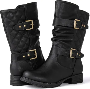 GLOBALWIN Women's Mid Calf Comfortable Fashion Dress Boots For Women Low Heel With Zipper